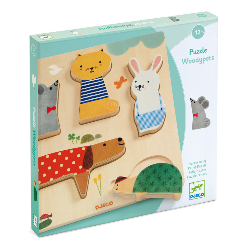 Djeco - Reliefpuzzle, Woodypets, 5 pcs